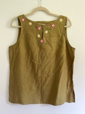 VTG Susan Bristol Olive Green Linen Embroidered Tank Top Boho Summer Earthy M